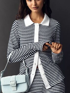 NWT Maeve Long-Sleeve Collared Buttondown Top Knit Petite XS Navy White Stripe